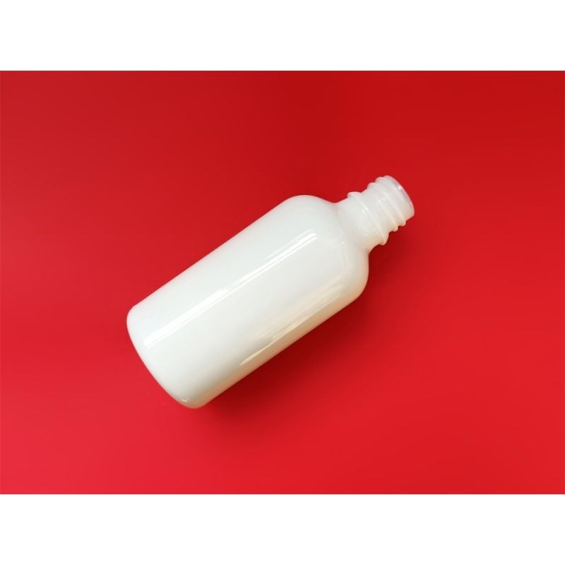 Thumbnail: One uncapped milky white opal dropper bottle on a red background.